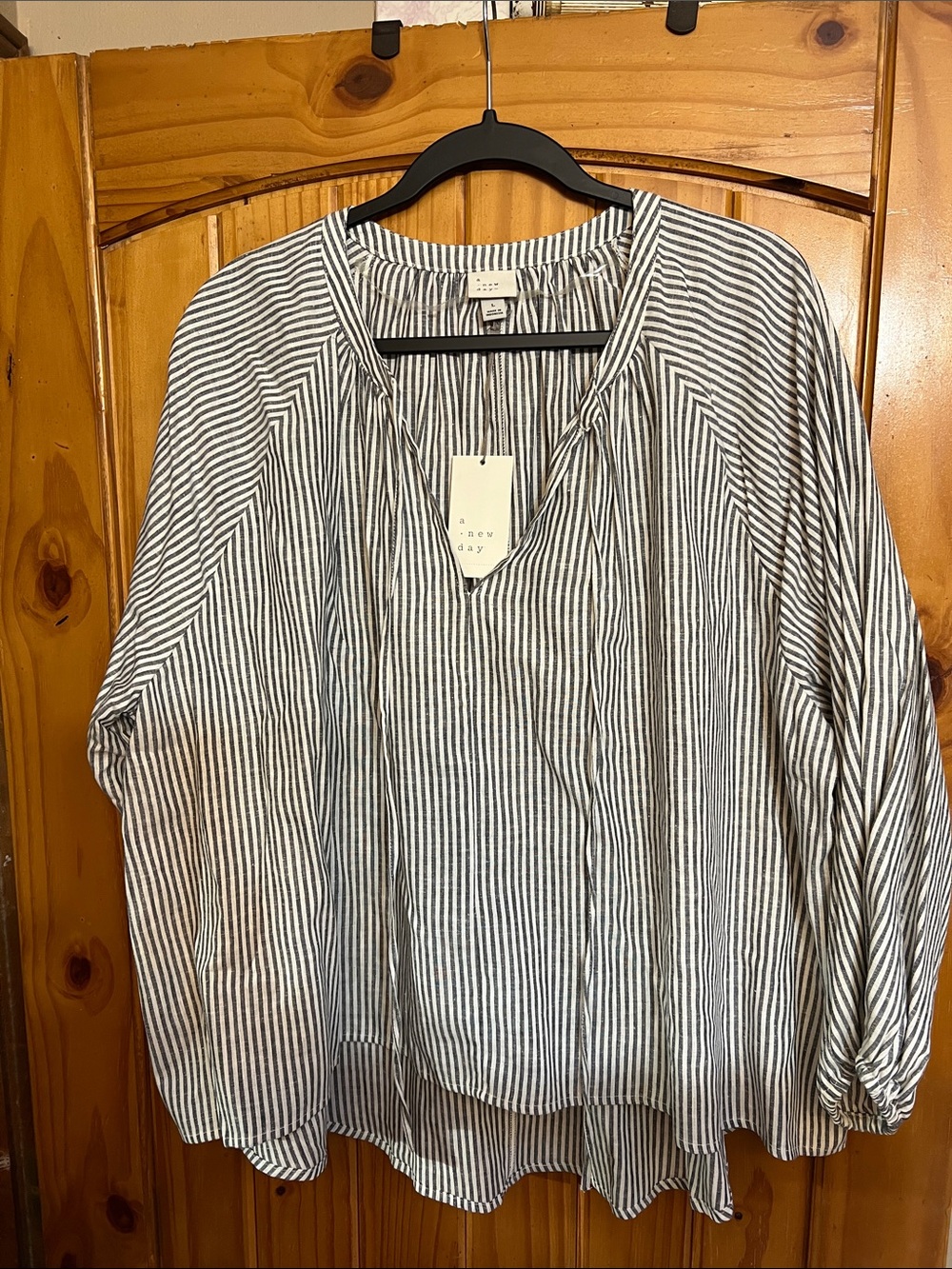 a new day Black and White Striped V-Neck Peasant Blouse